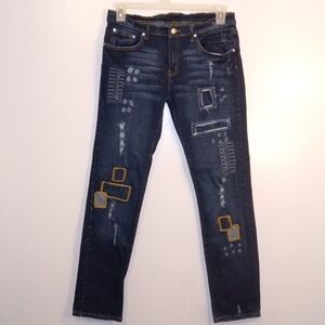 Womens  Dark Blue Straight Leg Jeans with Patchwork